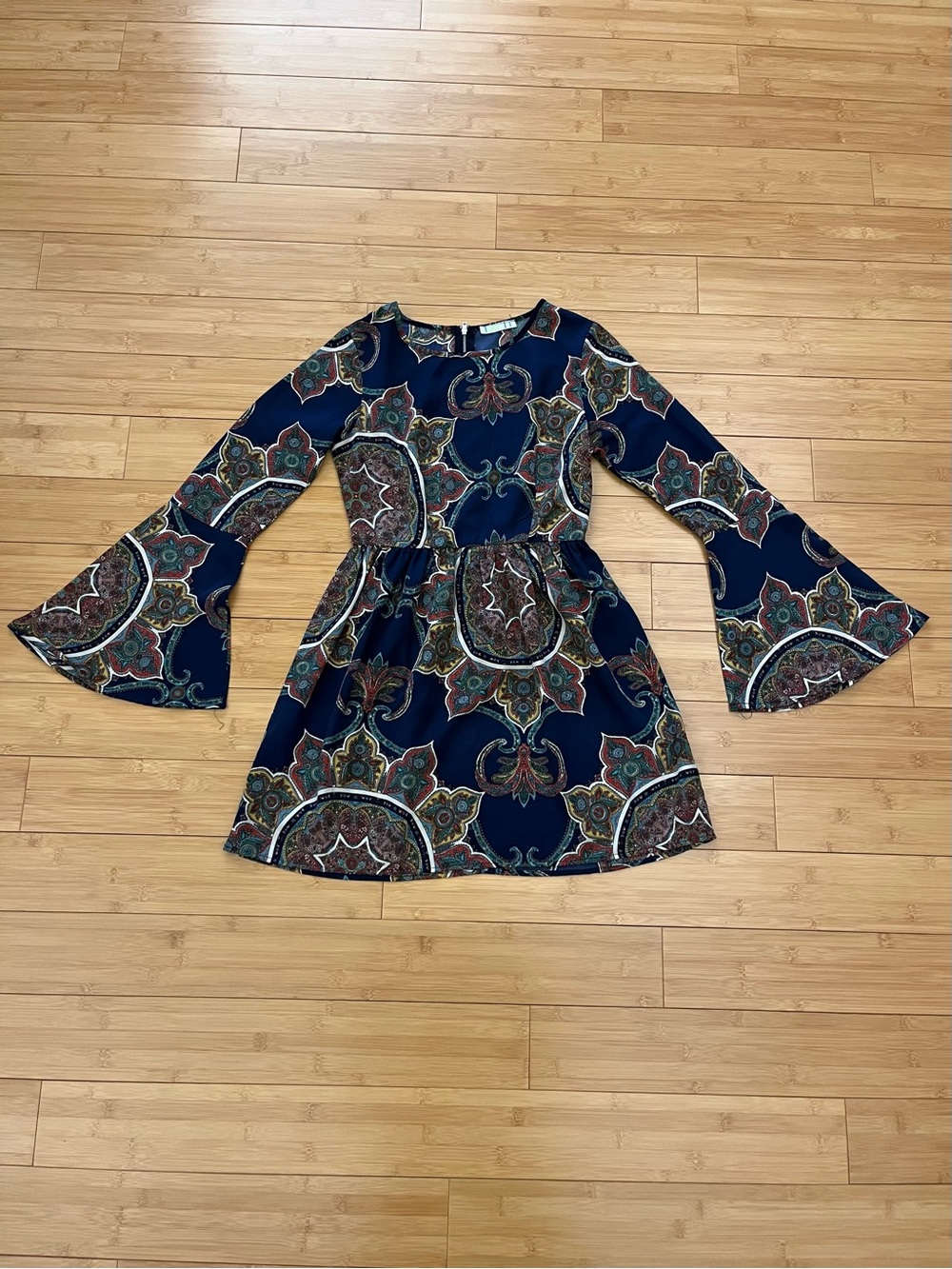 Navy Paisley Bell Sleeve Mini Dress